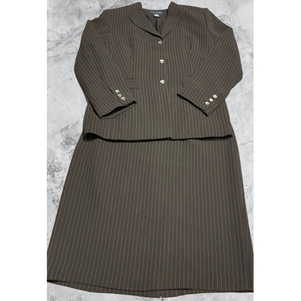 Preston & York Brown Pinstripe Skirt Suit Set Blazer Pencil Skirt Womens 14